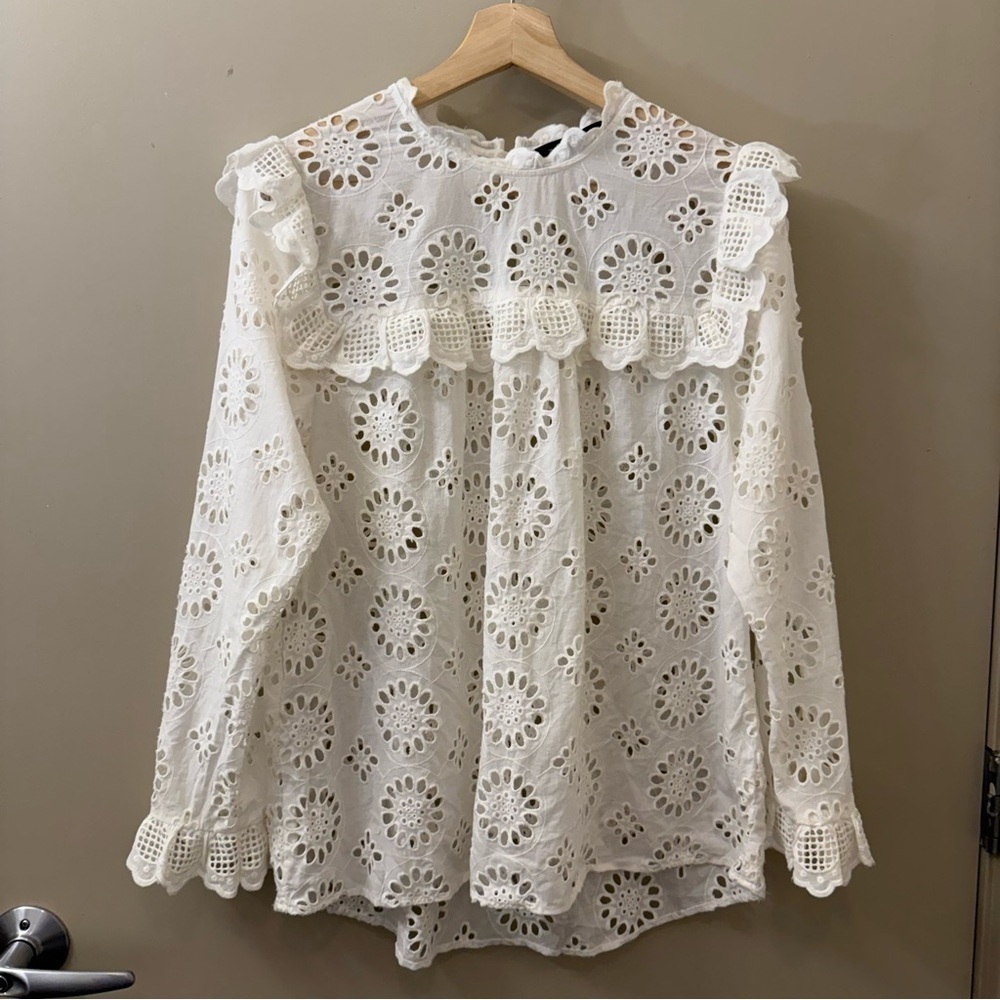 Zara Eyelet white cotton long sleeve blouse size medium Victorian summer coastal - Picture 2 of 10